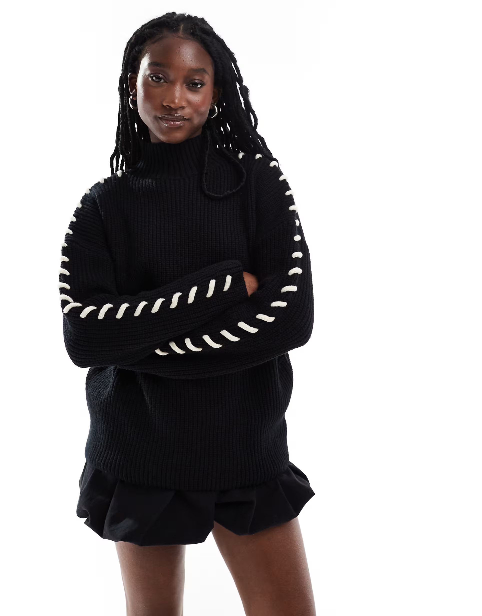 Daisy Street black high neck cardigan knit jumperwith lace up sleeve detail | ASOS (Global)