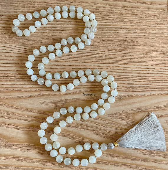 Moonstone Mala Necklace 8 mm, 108 Meditation Mala Beads knotted, Crown Chakra Necklace, 108 Moons... | Etsy (US)