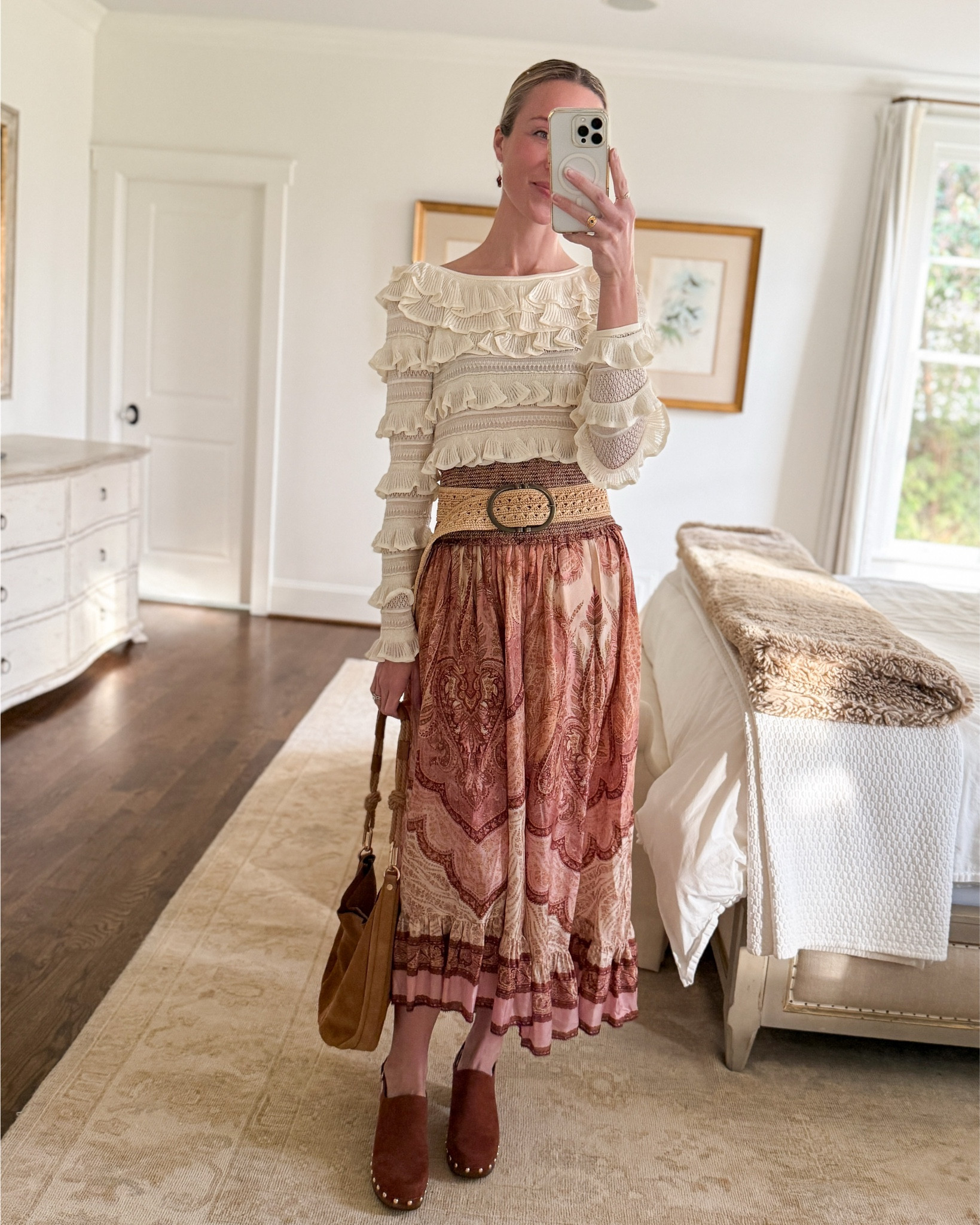 Early spring outfit inspo 🤍 Zimmermann top size 0, raffia belt is old Sezane, suede bag is old Vanessa Bruno, clogs are H&M and TTS! 

spring outfits, spring skirt, spring blouse, spring transition outfit, romantic top, romantic style, spring shoes, spring belt

#LTKspring #LTKSeasonal #LTKootd