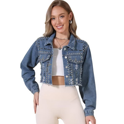 INSPIRE CHIC Women's Rivet Studded Denim Turndown Collar Long Sleeve Casual Wash Cropped Jean Jacket X-Large Light Blue | Target