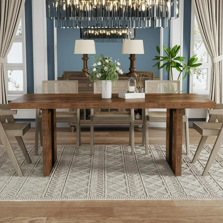 71" Rustic Farmhouse Dining Table for 6-8 People, Rectangular Thick Wood Kitchen Table with Heavy... | Walmart (US)