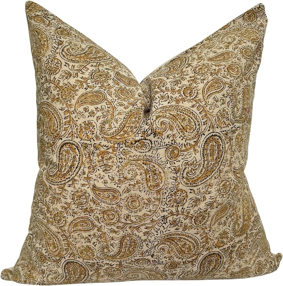 Decorative Handmade Floral Block Print Pillow Cover in Beige and Mustard for Home Decor/Design, T... | Amazon (US)