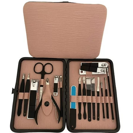 Professional Manicure Set Pedicure Kit Nail Clippers 18pcs Stainless Steel Grooming Kit Facial Treatment Nail Scissors Grooming Kit with Black Leather Travel Case | Walmart (US)
