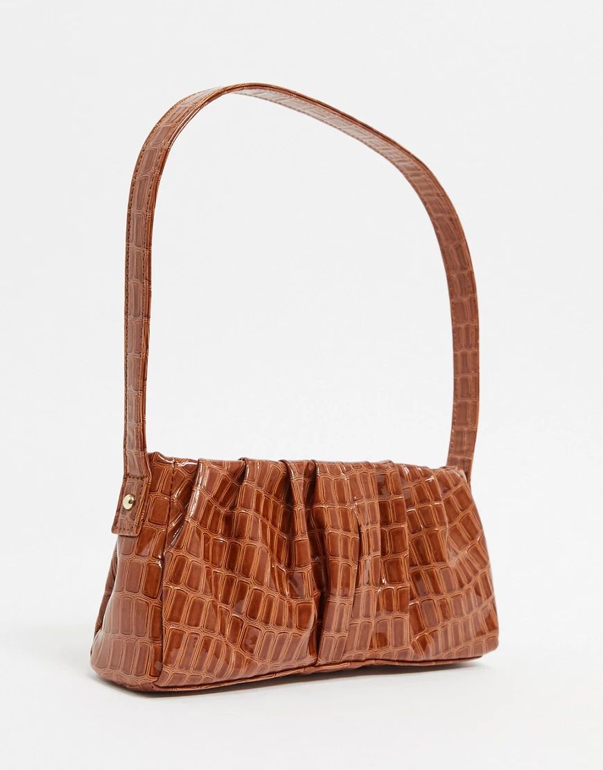 ASOS DESIGN ruched 90s shoulder bag in tan croc-Brown | ASOS (Global)