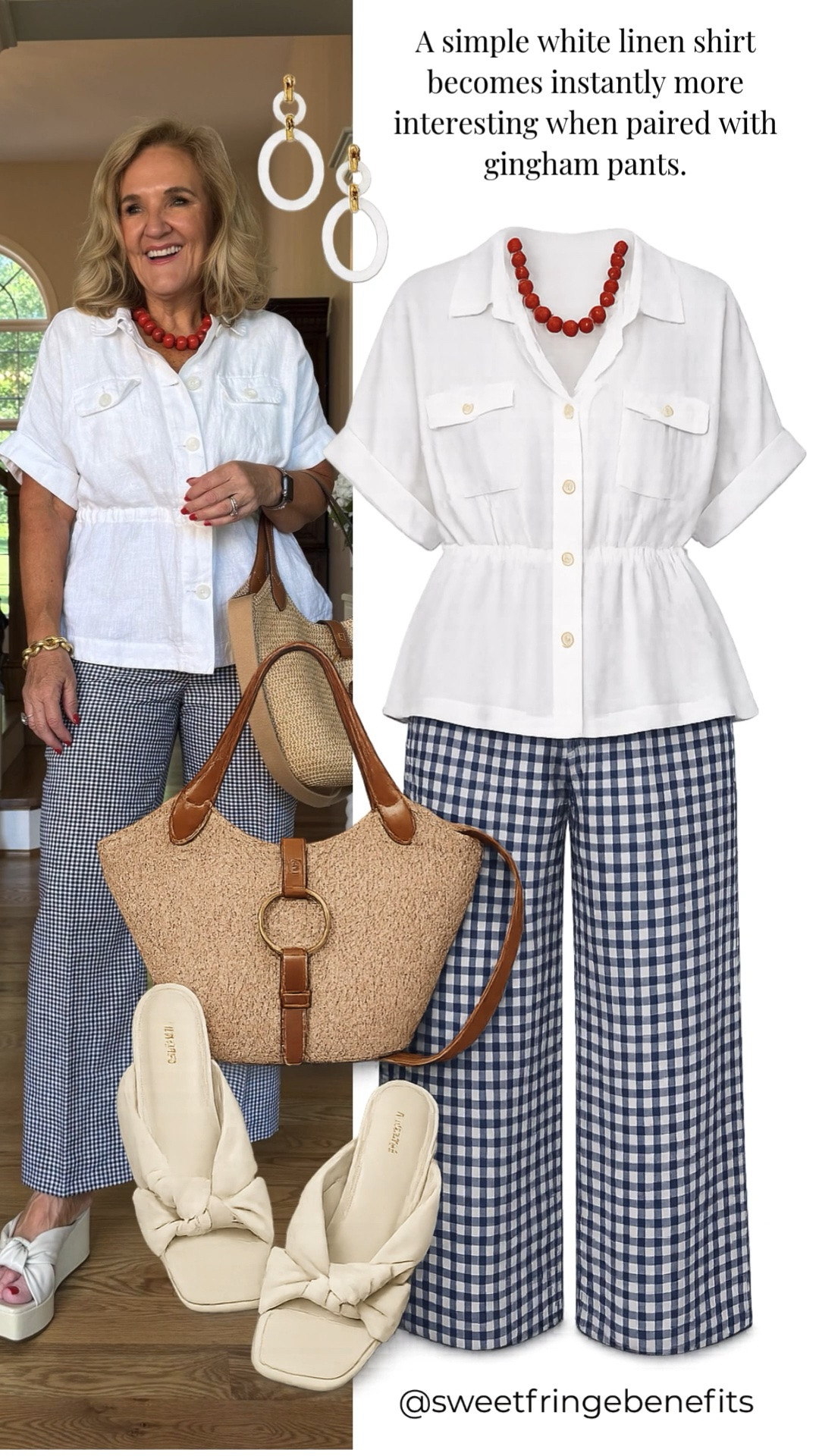 A classic white linen shirt gets an instant update when paired with gingham pants. Add a pop of red with bold accessories, a woven tote, and platform slides for a polished summer outfit that's perfect for brunch, vacation, or lunch with friends.

💡 LTK MADE EASY
❤️ Heart = Support my posts!
🔖 Save = Get sale & restock alerts
📋 Lists = Keep favorites organized
📲 Share = Send lists and products to a friend. Hello, Christmas List!
💬 Comment = Ask me anything about what I'm wearing. :-)

#LTKootd #LTKSeasonal #LTKOver40