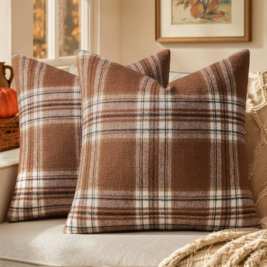 MIULEE Fall Plaid Decorative Pillow Covers Set of 2 18x18 Brown | Amazon (US)