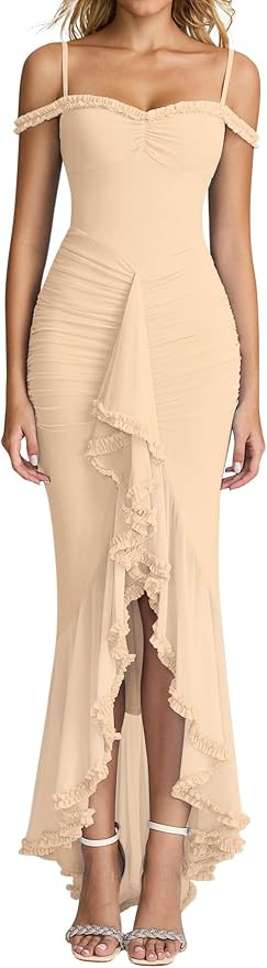 KUTUMAI Women Ruffle Bodycon Maxi Dress Ruched Long Formal Cocktail Wedding Guest Dresses | Amazon (US)