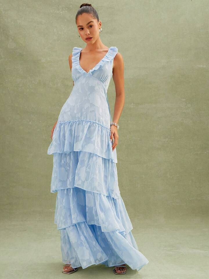 L'Amorae Floral Textured Tiered Ruffle Maxi Dress | SHEIN