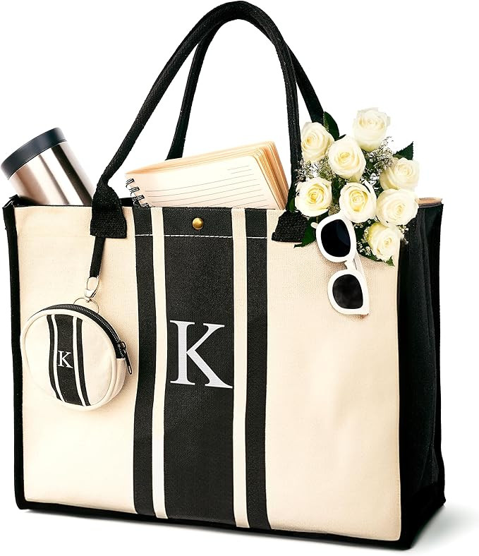 Initial Canvas Tote Bag – Personalized Gift for Women with Embroidered Letter | Monogrammed Tot... | Amazon (US)