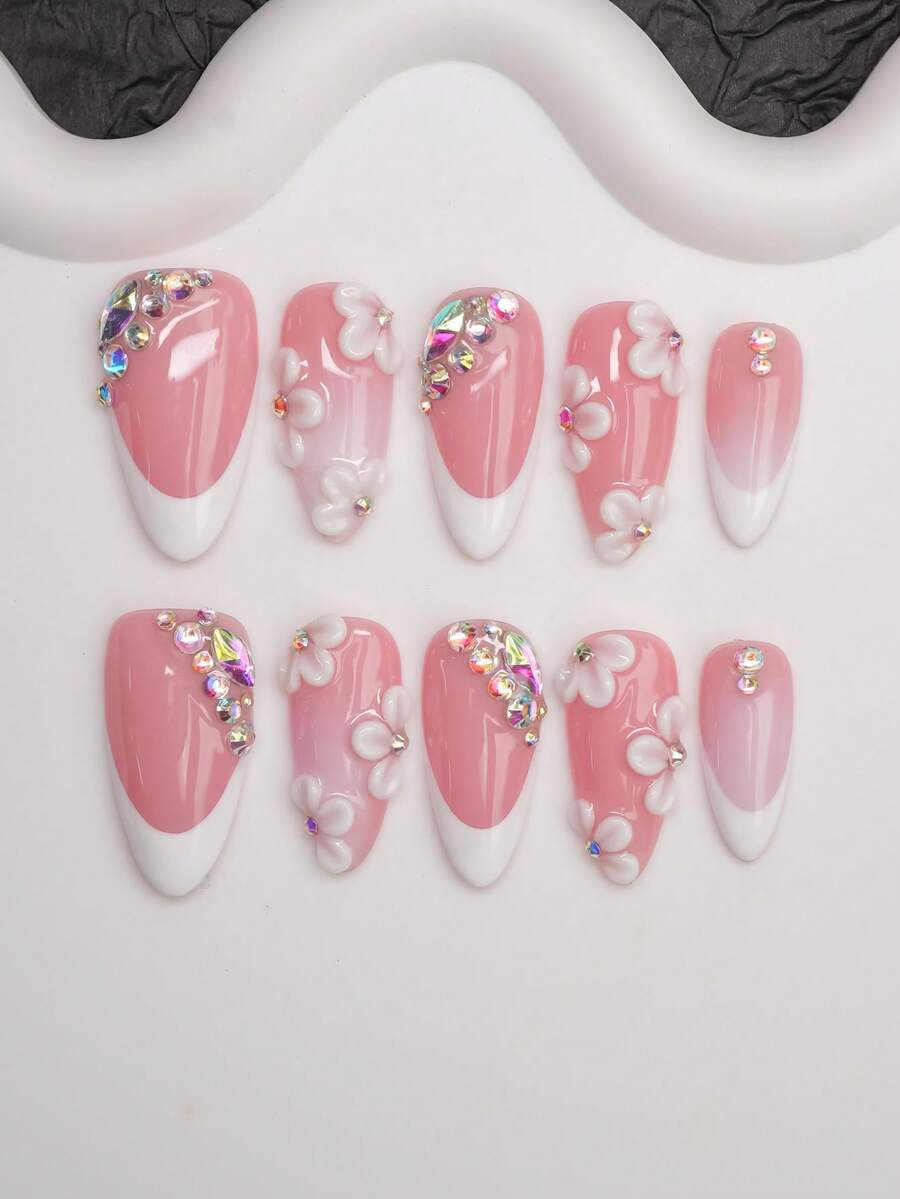 10pcs Handmade Almond-Shaped Y2K Baddie Style Nail Tips, Nude & White Color With French Tips, Car... | SHEIN