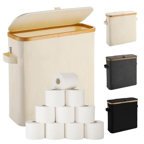 Toilet Paper Basket With Lid for Mega Rolls, Large Bamboo Organizer Holder Stand for Bathroom, Enclosed Tissue Storage Bin Box Container, Free Standing, Beige | Amazon (US)