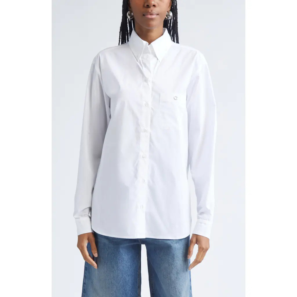 Coperni Boyfriend Logo Cotton Button-Down Shirt in White at Nordstrom, Size Medium | Nordstrom