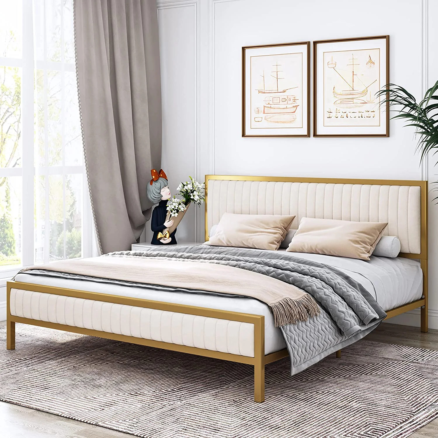 Homfa Queen Size Bed Frame, Golden Metal Platform Bed Frame with Velvet Upholstered Headboard,  B... | Walmart (US)