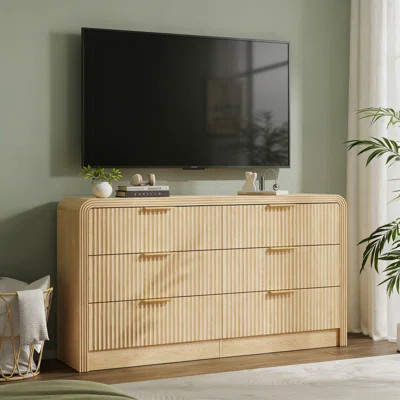 55" Modern Fluted Dresser With 6 Drawers, Wave Texture Wood Chest Of Drawers With Gold Handles, Large Bedroom Storage Organizer | Wayfair North America