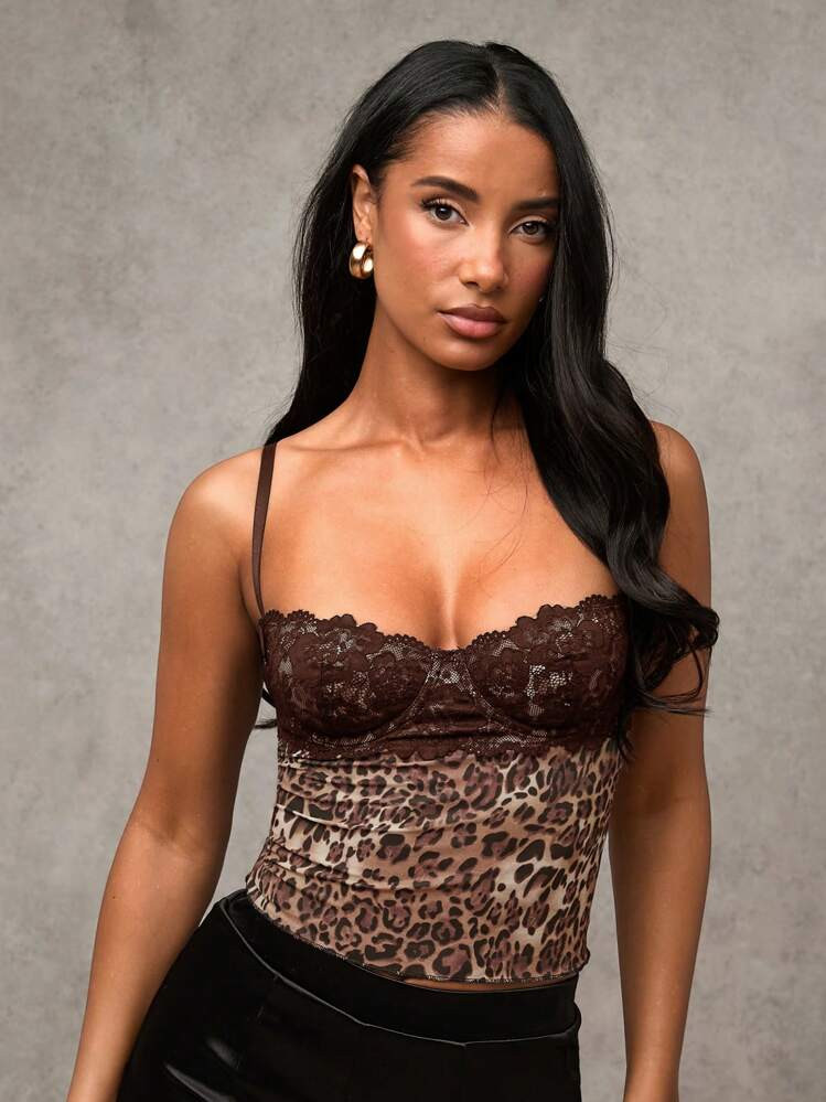 SHEIN BAE Women's Brown Leopard Print Mesh & Black Lace Patchwork Sexy Cami, Fashionable For Streetwear, Date Night, Theme Parties, Concerts,Valentine's Day,Valentine Outfits For Women | SHEIN