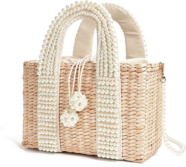 Gelory Straw Beach Purse for Women Basket Pearl Handwoven Rattan Handbag Vacation Essential Cute Str | Amazon (UK)