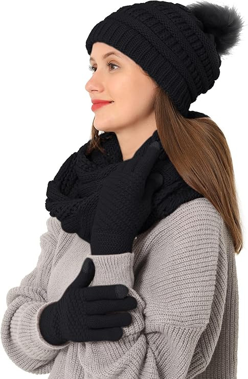 Double Couple 3pcs Winter Beanie Hat Scarf and Touch Screen Gloves Set for Women Knit Hat with Fa... | Amazon (US)