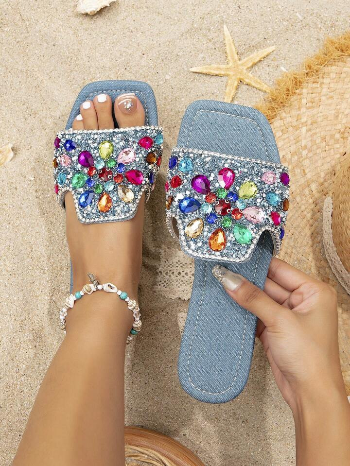 Women's Blue Flat Sandals, Outdoorsy & Stylish Slipper, Rhinestone Decorated Square Toe Comfortab... | SHEIN