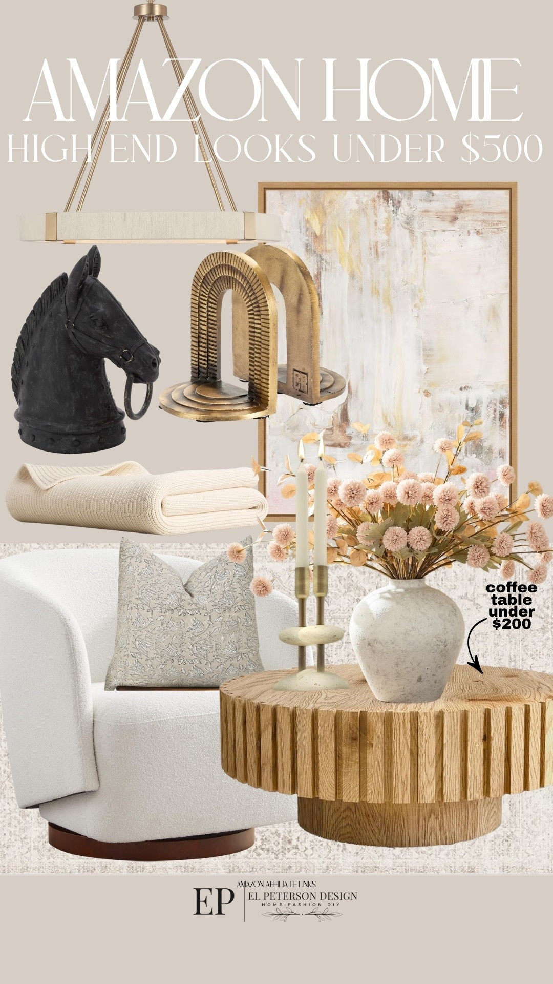 Amazon Home
Rug
Coffee table
Bookends
Artwork
Blanket
Accent Chair
Pillow
Stems
Vase
Candle holder
Horse figurine

#LTKHome