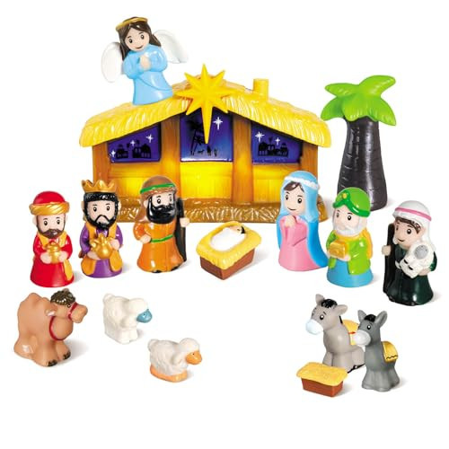 HOTFUN Lighted Nativity Set for Kids, Christmas Story Nativity Playset Figures, 17 Pcs Childrens Nativity Set with Baby Jesus Mary Joseph & Manger, Little Nativity Scene for Preschool Boys Girls | Amazon (US)