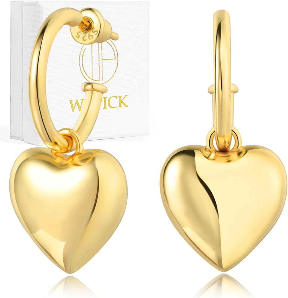 Gold Heart Hoop Earrings Huggie Earrings for Women 18K Gold Plated 925 Sterling Silver, Chunky He... | Amazon (US)