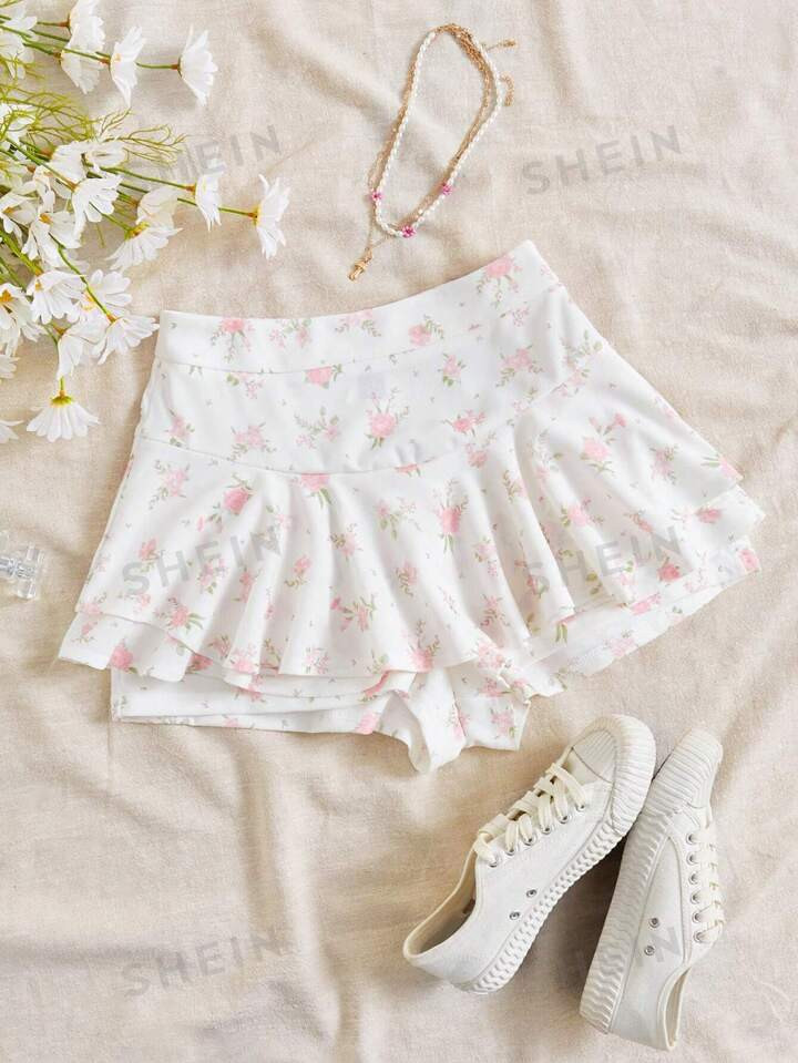 SHEIN WYWH Women's Lotus Leaf Trim Flower Printed Skort | SHEIN