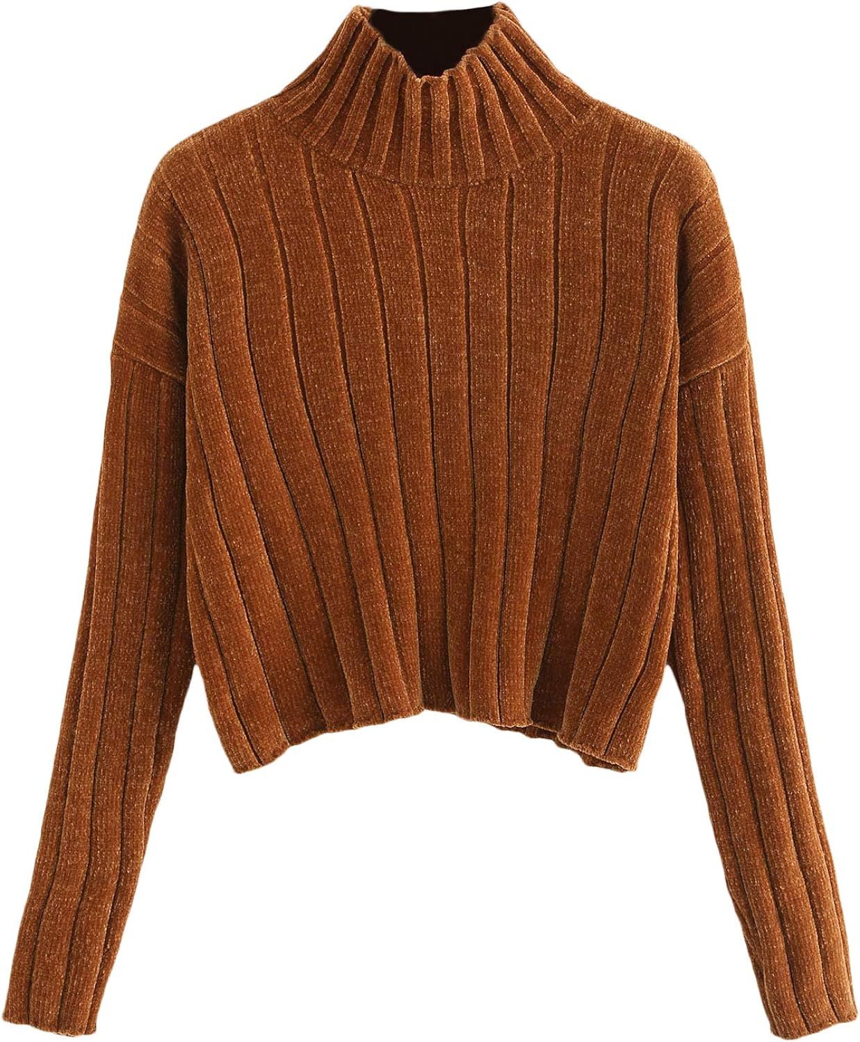 SheIn Women's High Neck Drop Shoulder Raw Hem Crop Sweater Pullovers | Amazon (US)