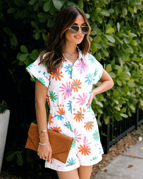 Maritza Floral Denim Romper - White | VICI