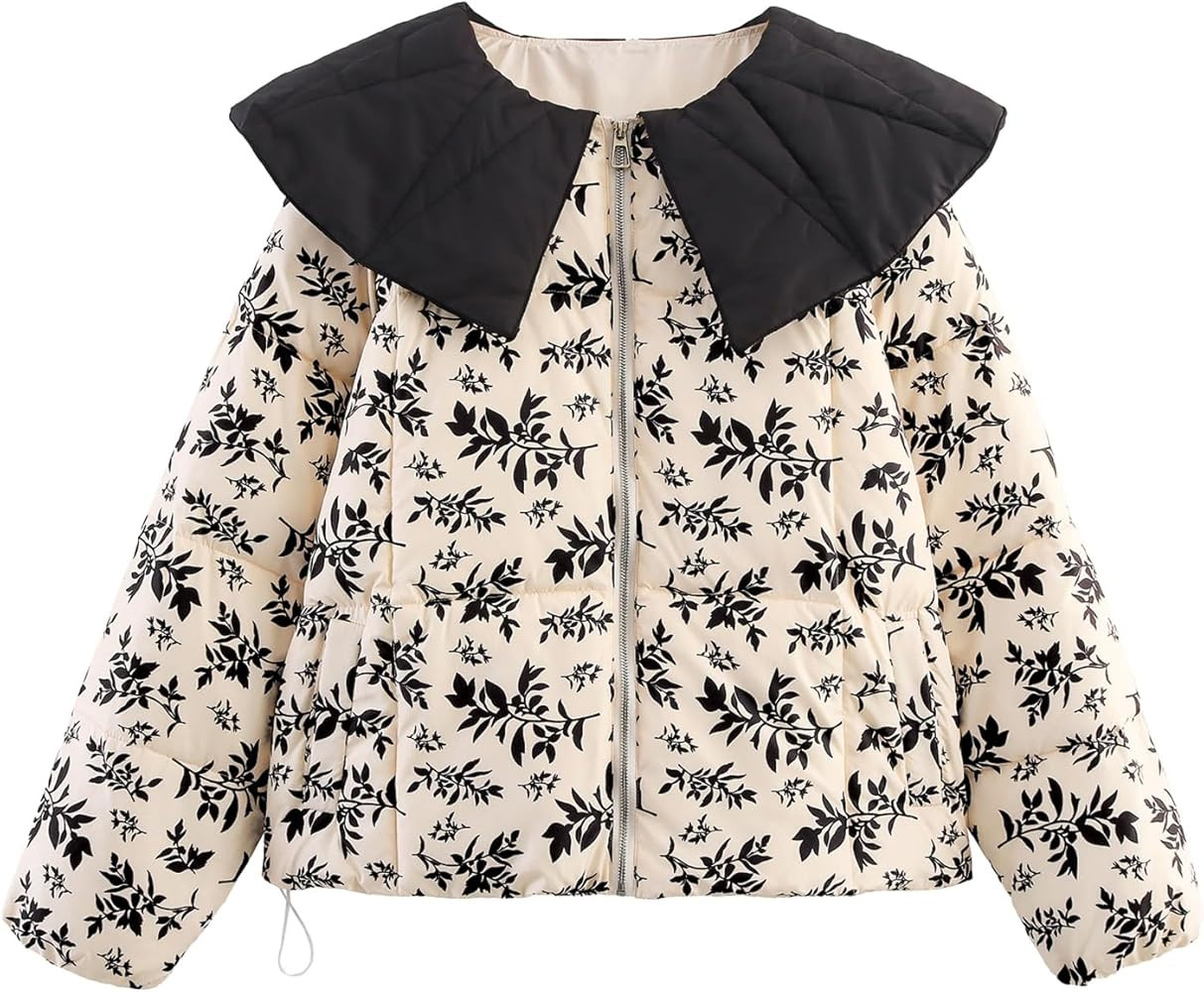 Womens Printed Quilted Puffer Jackets Peter Pan Collar Zip Padded Puffy Jacket Coat with Pockets ... | Amazon (US)