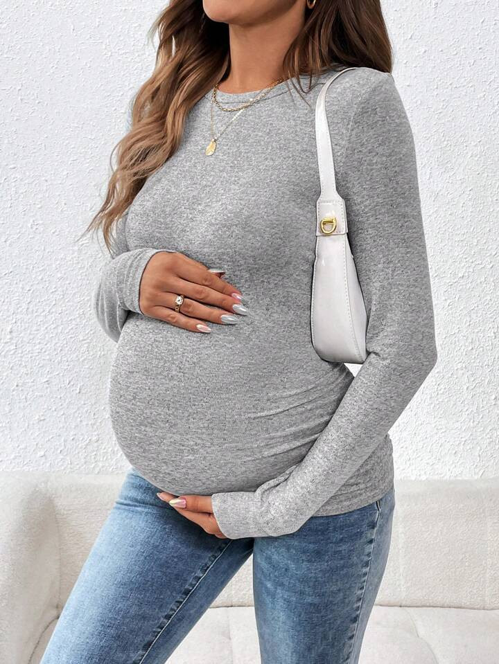 SHEIN Maternity Solid Minimalist Daily Round Neck Long Sleeve T-Shirt | SHEIN