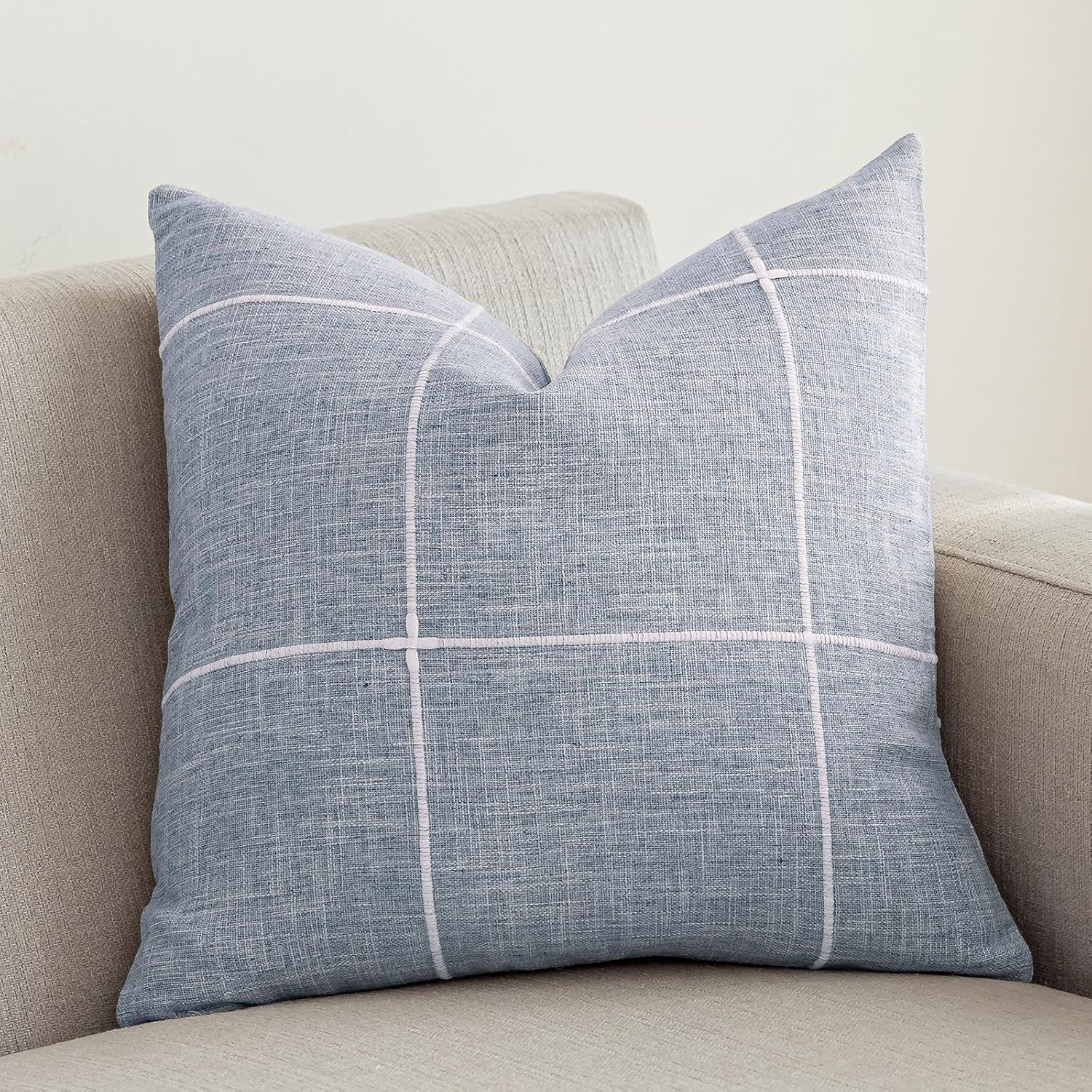 vctops Rustic Lattice Cotton Linen Decorative Throw Pillow Cover Embroidery Square Cushion Cover Pillowcase for Sofa Bedroom Couch (Plaid Blue, 20"x20") | Amazon (US)