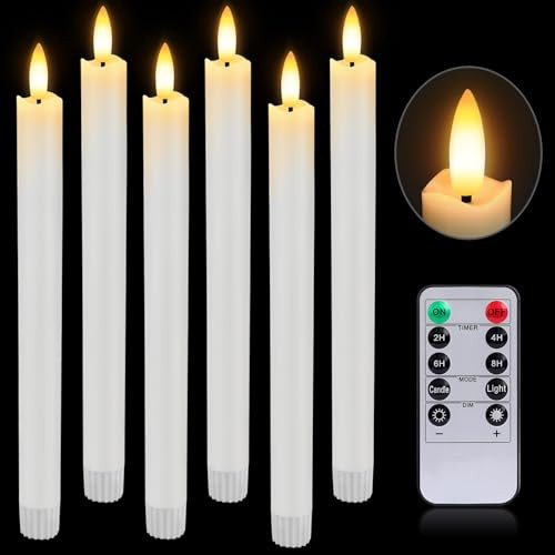HINZER 6 Pcs Flameless Taper Candles with Remote & Timer 9.6 inch Real Wax Battery Operated LED Warm 3D Wick Flickering Window Candles for Halloween Christmas Wedding Decor, White | Amazon (US)