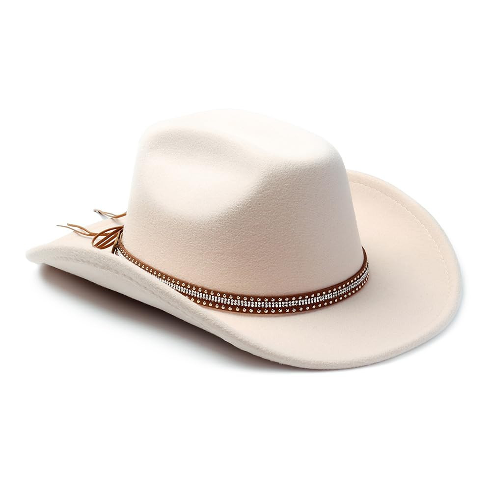 Women Men Fashion Wide Brim Teardrop Crown Felt Western Cowboy Cowgirl Hat with Rhinestone Leathe... | Amazon (US)