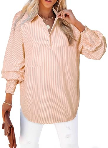 Astylish Womens Trendy Collar Long Sleeve Henley Shirts Fine Striped V-Neck Button Down Teacher Tops Blouse for Pocket Shirred Yellow Large | Amazon (US)