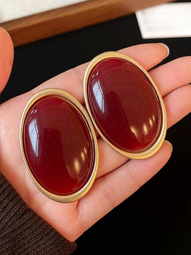 1 Pair Metal Oval Red Exaggerated Earrings, Fashionable Minimalist Royal Style Ear Clips For Women & Girls, Weddings & Parties | SHEIN