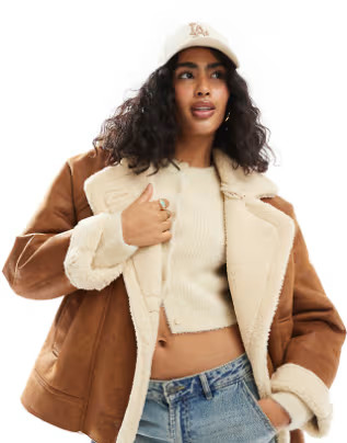 Bershka oversized contrast shearling jacket in brown | ASOS (Global)