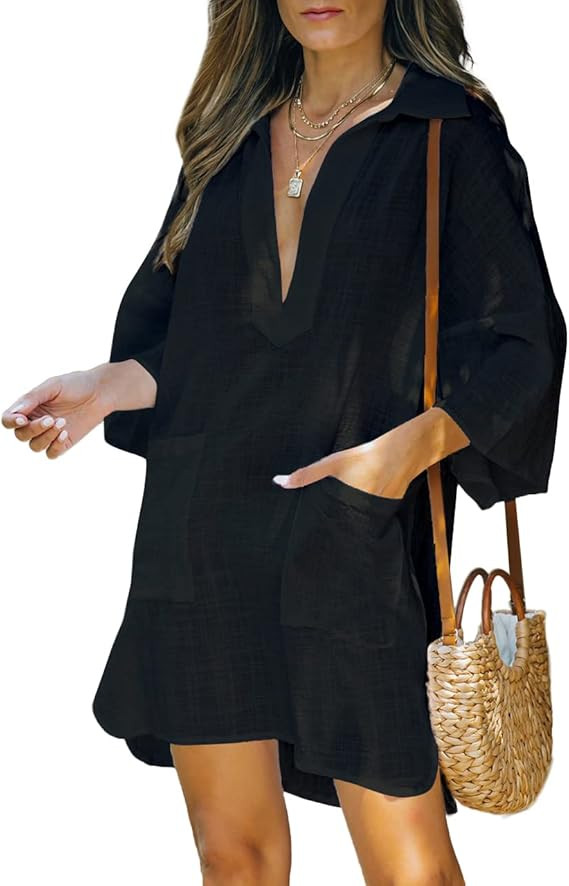 AI'MAGE Women Deep V Neck Cover Up Casual Cotton Linen Shirts Beachwear Bikini Pool Dress Half Sl... | Amazon (US)