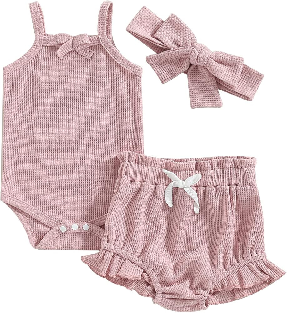 Baby Girl Shorts Outfits Summer Fly Sleeve Cami Bodysuit Top Ruffle Shorts Headband Cute Infant Clot | Amazon (US)