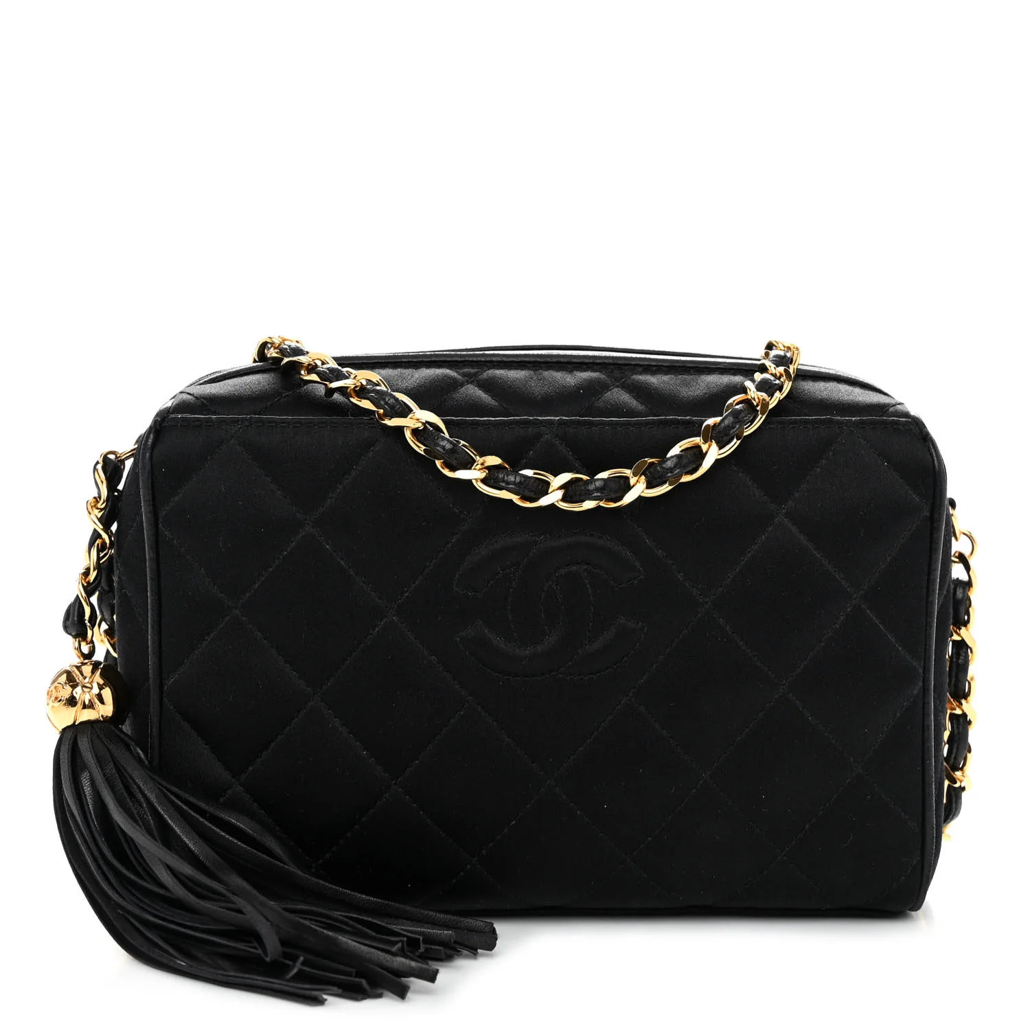 Satin Quilted Tassel Camera Case Black | FASHIONPHILE (US)