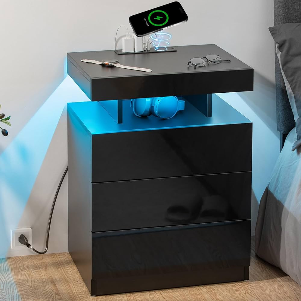 HOMMPA LED Nightstand with Wireless Charging Station & USB Ports, 3 Drawer Night Stand with LED L... | Amazon (US)