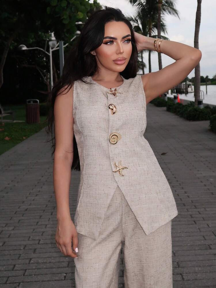 Durrani Popal Ärmellose Elegante Damen Bluse Mit Muschel- Und Sternknöpfen | SHEIN