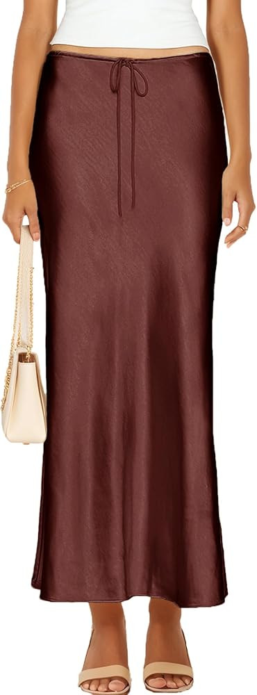 Womens Satin Silk Maxi Skirts Drawstring Flared Casual A-Line Long Skirt for Women | Amazon (US)
