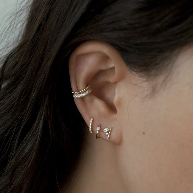 14K REAL Solid Gold Marquise Diamond CZ Line Bar Stud Earrings, Upper Earlobe Cartilage Tragus Ea... | Etsy (US)