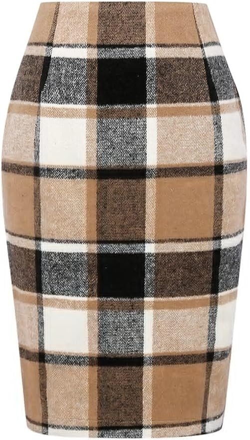 IDEALSANXUN Plaid Skirts for Women Fall Winter Knee Length Pencil Wool Skirt with Slit | Amazon (US)