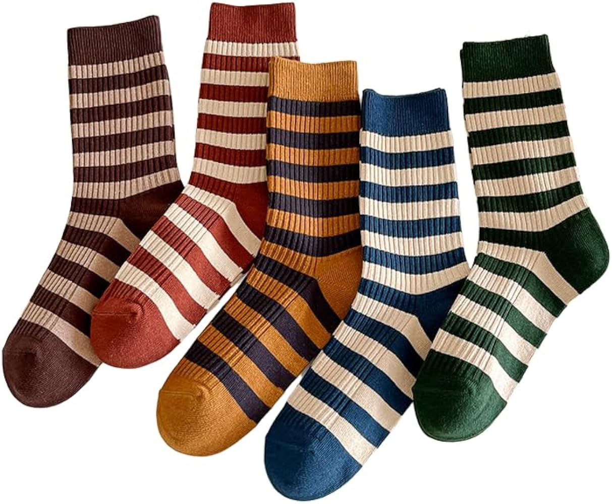 5/10 Pairs Retro Style Colorful Striped Socks, Cute Athletic Crew socks for Women | Amazon (US)