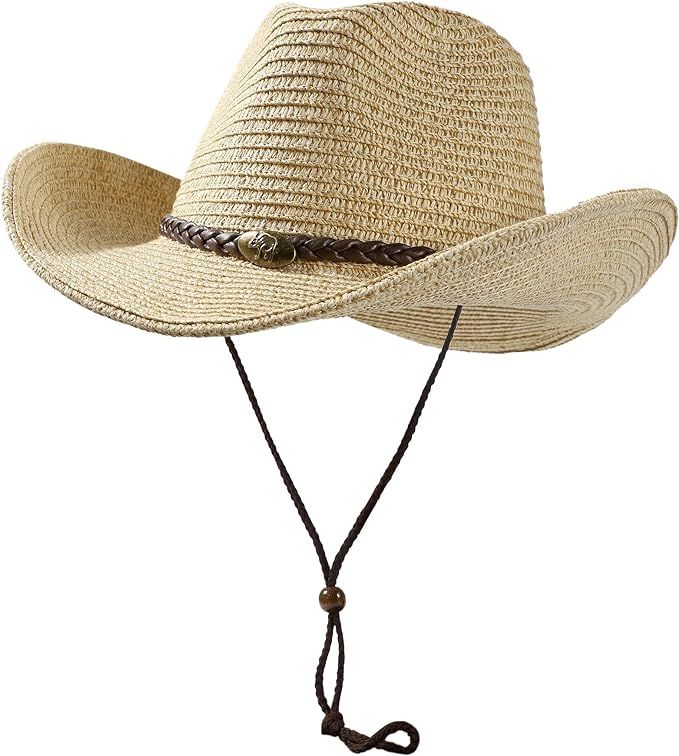 Women Straw Sun Hat Mens Cowboy Style Garden Hat UPF 50+ Wide Brim Summer Hat with Wind Lanyard | Amazon (US)