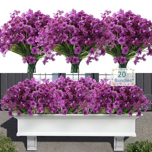 Satefello 20 Bundles Artificial Flowers for Outdoors, UV Resistant Fake Realistic Flowers with Plastic Plants Spring Decor, Faux Silk Flowers for Outside Window Box Front Porch Planter Decor-Purple | Amazon (US)