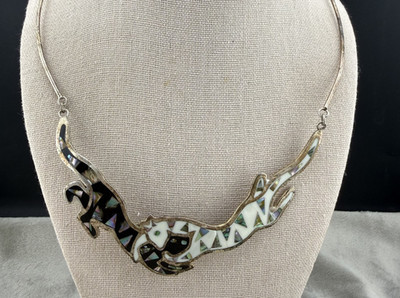Vintage Cat Necklace Handmade Silver Tone Abalone Inlay Signed by Artist 18” | eBay US