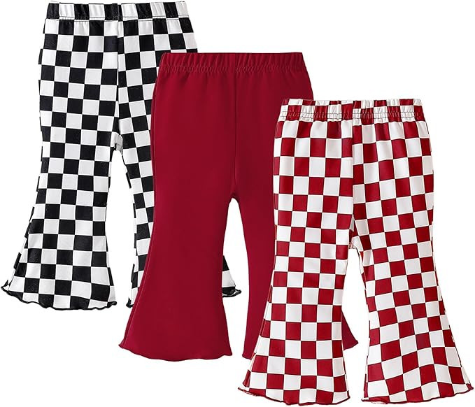 SOBOWO Checkered Baby Girl Flare Pants 3 Pack Toddler Bell Bottoms Plaid Ruffle Leggings Pants Fa... | Amazon (US)