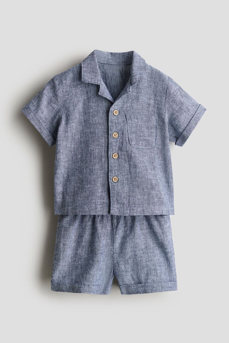 2-piece Linen-blend Set - Regular waist - Short sleeve - Blue/striped - Kids | H&M US | H&M (US + CA)